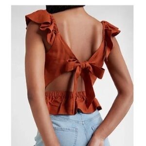 5/$20 Express Linenblend Ruffle Cut Out Back Peplum Top L NWT Burnt Orange